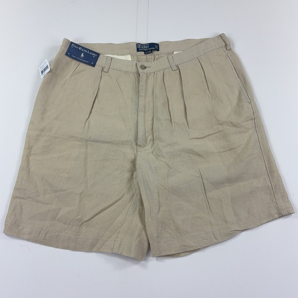 Polo Ralph Lauren Tyler Shorts Mens 40 Beige Linen Pleated Chino Light Khaki 90s
